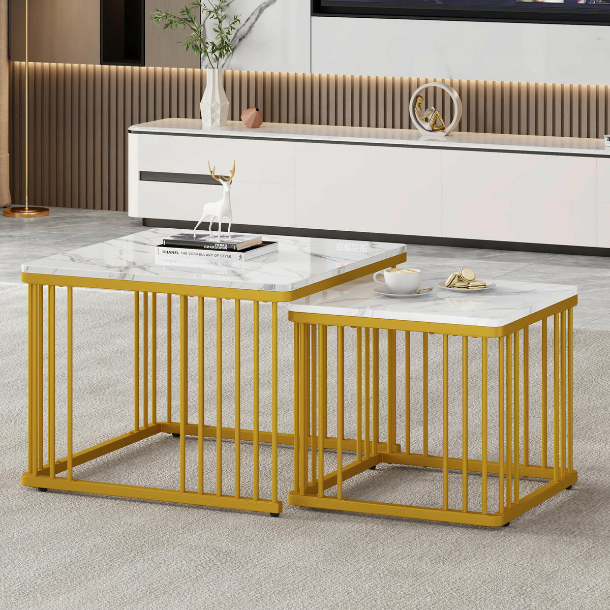 KLUBSKA miza, komplet 2 kosov, 60/60/45 in 45/45/40 cm, MDF bela v marmornem videzu - bela, leseni material (60/60/45cm) - BEAOK