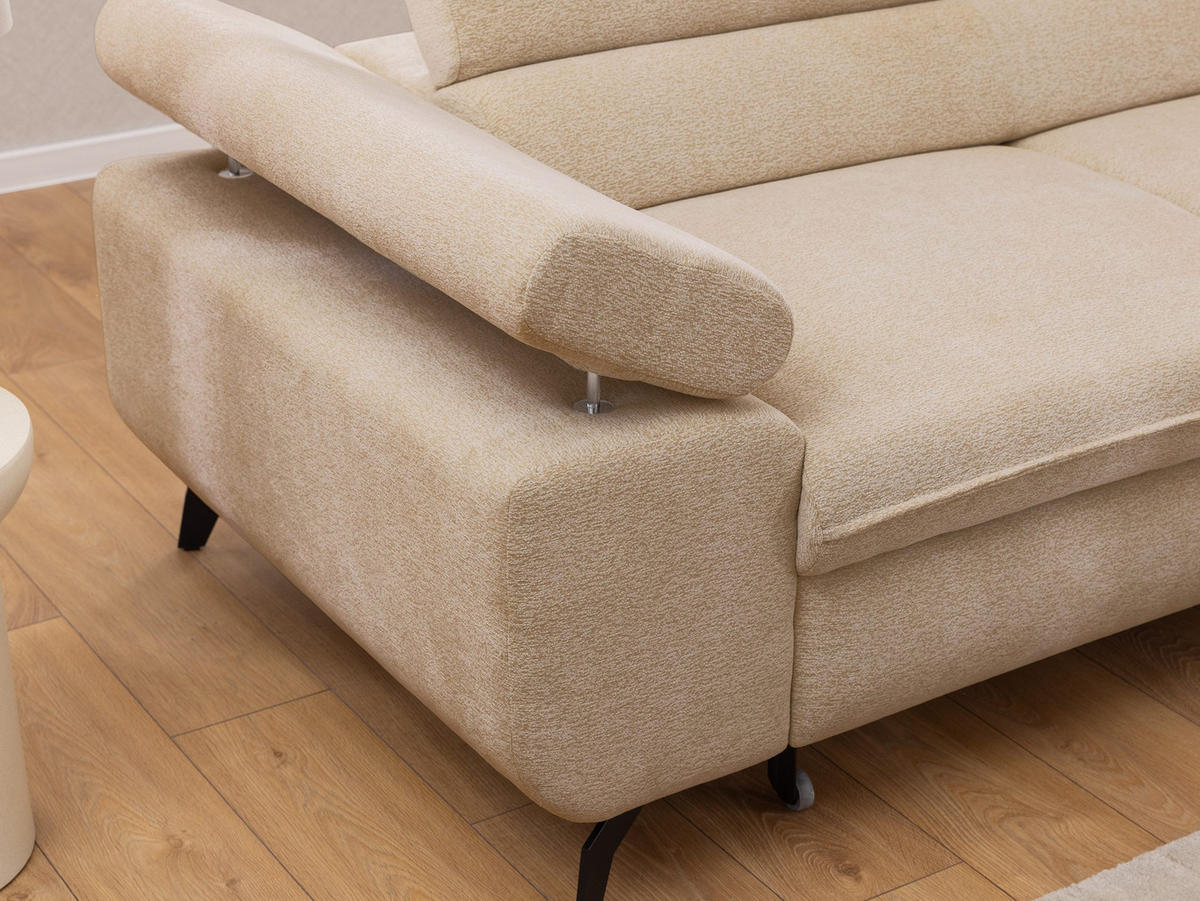 ECKSOFA mit Schlaffunktion und Bettkasten Bonnie aus Taupe Chenille-Stoff mit verstellbaren Kopfstützen und Armlehne - Ottomane rechts - Taupe/Schwarz, Holz/Textil (275/210cm) - S-Style Möbel