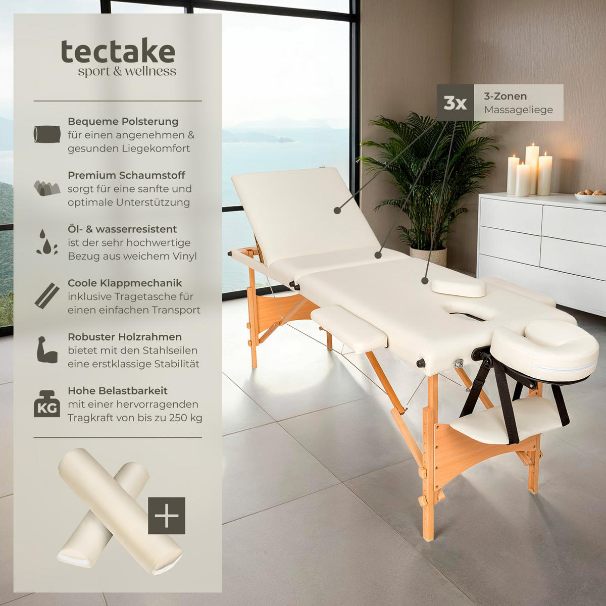 MASSAGELIEGE-SET 3 Zonen Daniel,210 x 95 x 84 cm,beige - Beige, Holz (95/84/210cm) - tectake