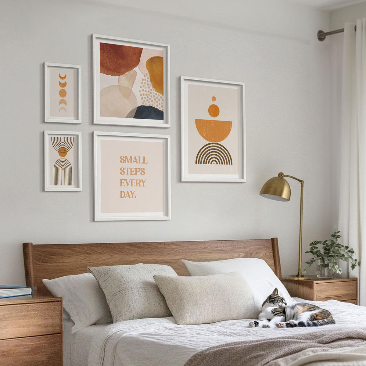 WANDBILDER 5er-Set - 50x50 cm & 20x30 cm & 40x60 cm Weißer Rahmen - Boho-minimalistische Dekorationen - Weiß, Kunststoff (40/60cm) - ArtPrintCave