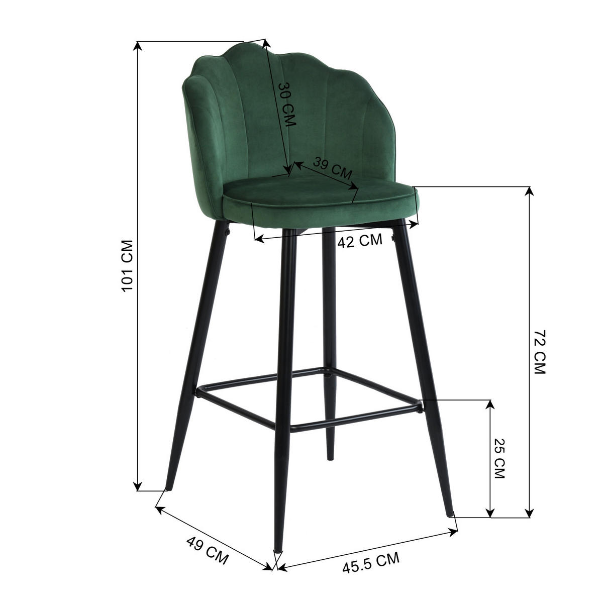 BARHOCKER 2er-Set Metallfüße, Samt, grün - Schwarz/Grün, Holzwerkstoff/Textil (50/101/55cm) - Urban Meuble