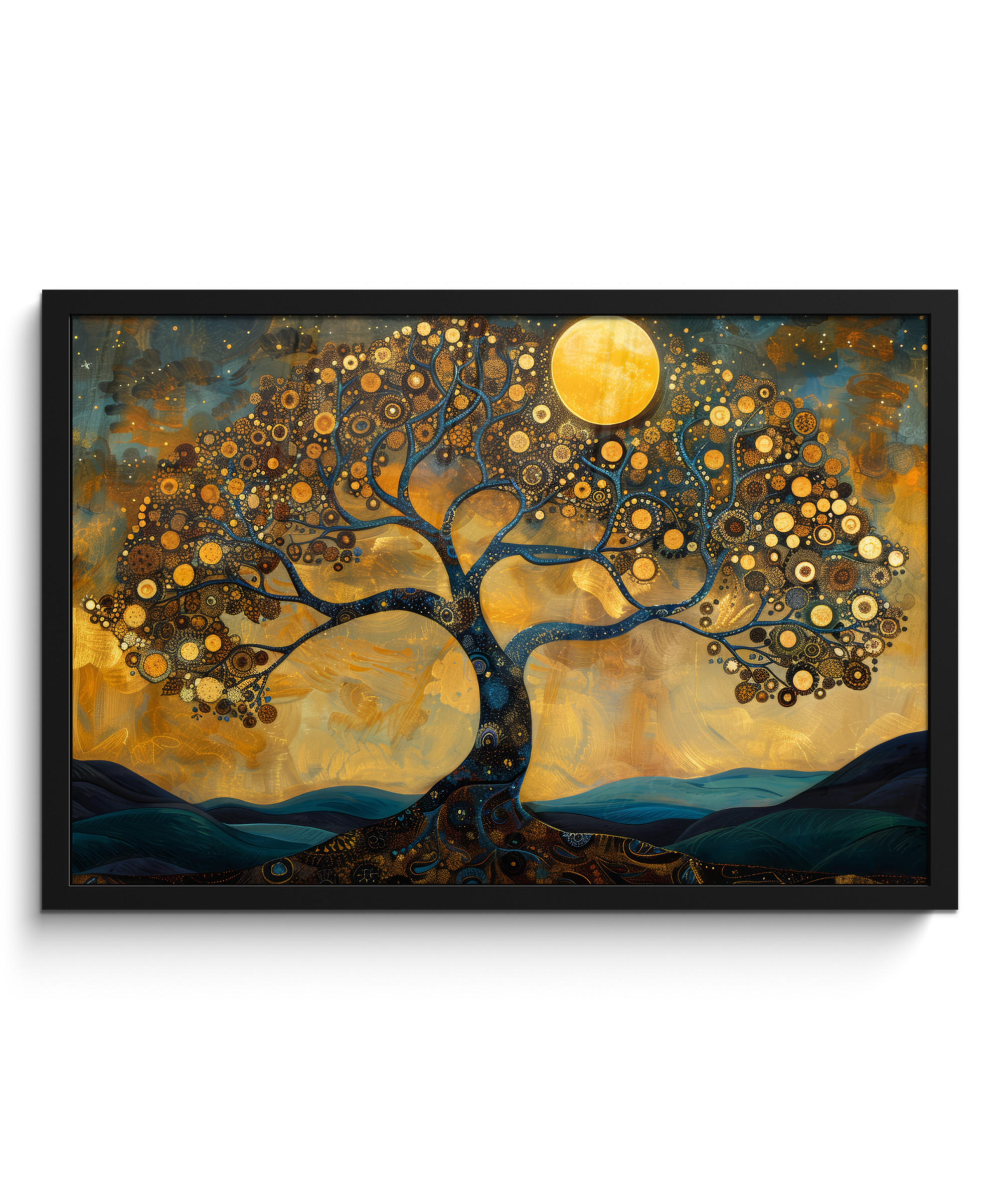 POSTER MIT RAHMENGERAHMTES BILD Baum - Mond - Blumen - Gold - Kunst 60x40 cm - Orange, Papier (60/40cm) - MuchoWow