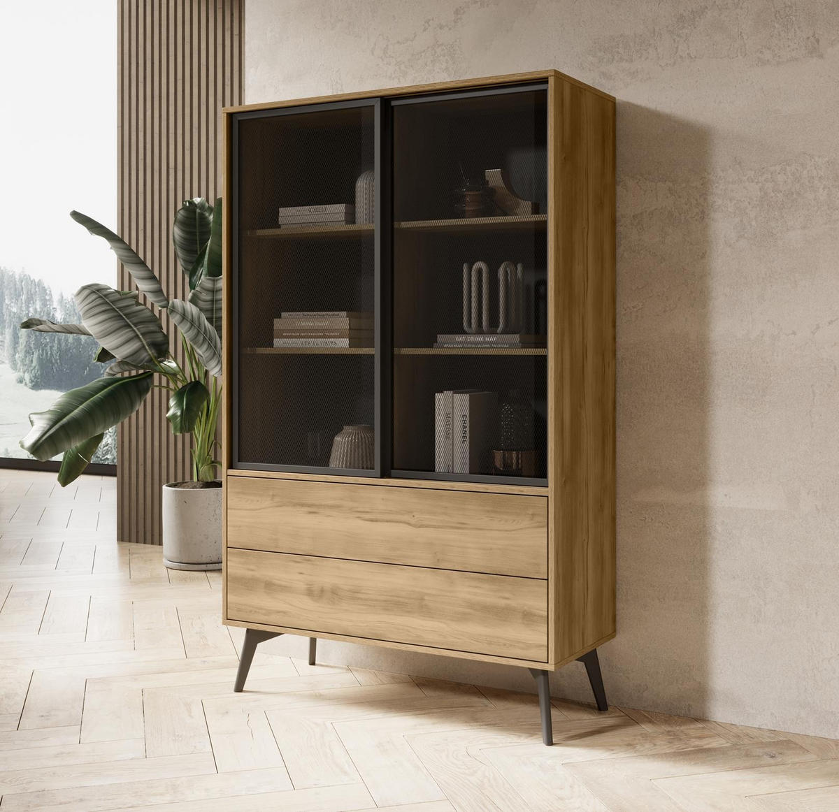 VITRINE Swift Golden Eiche, zweitüriger Schrank mit Schubladen, mit LED - Schwarz/Braun, Holzwerkstoff (100/165/39cm) - Bettso