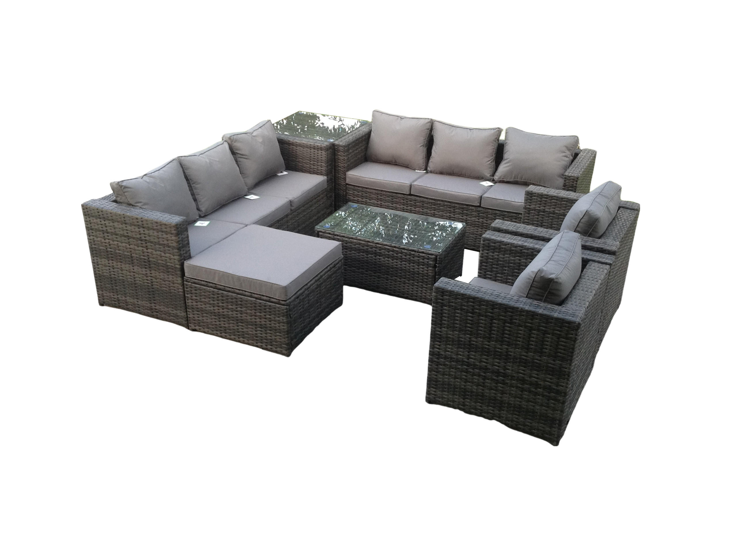 GARTENSET Polyrattan 9-Sitzer - Dunkelgrau/Grau, Glas/Kunststoff - Fimous
