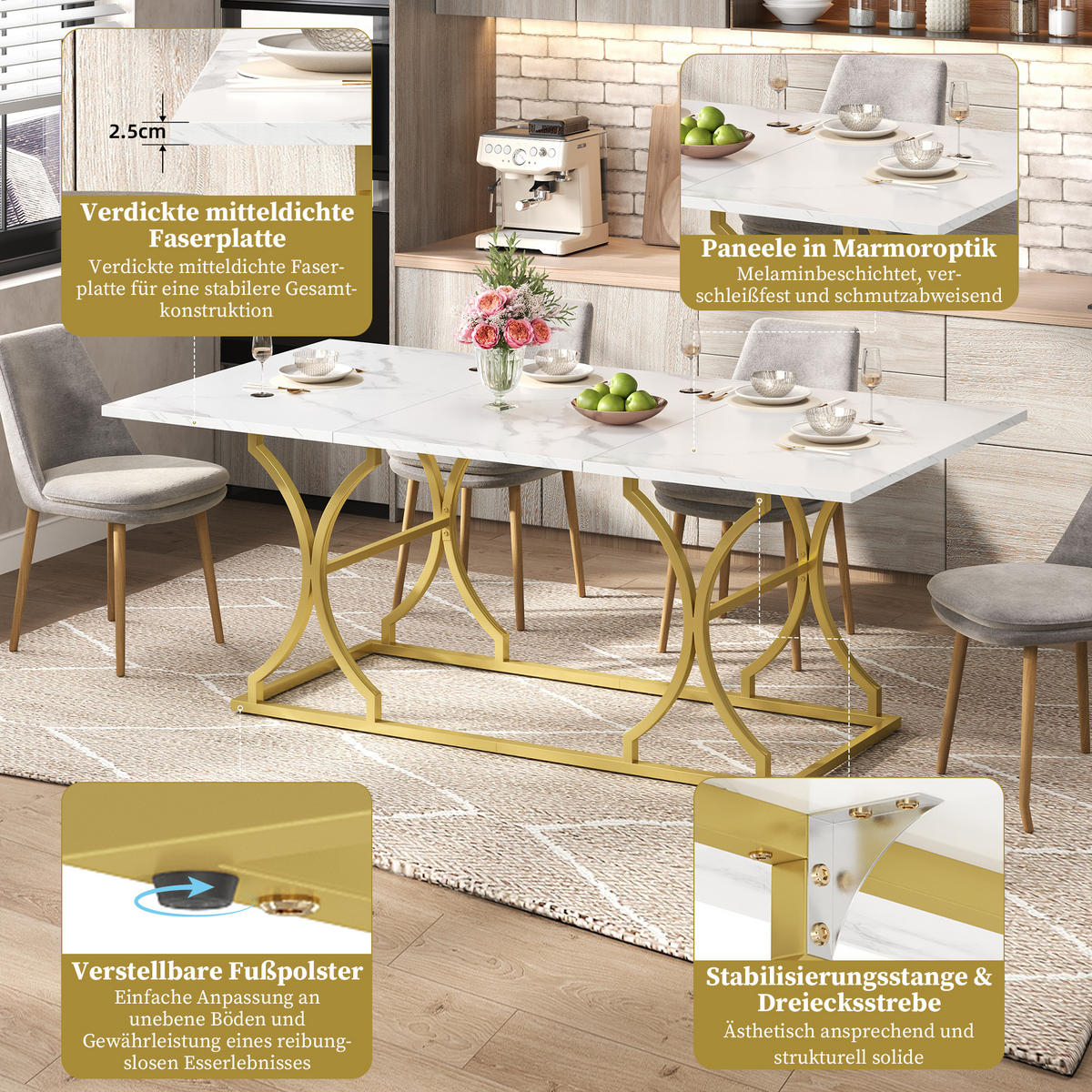 ESSTISCH Weiß/Goldfarben 200/80/76 cm - Weiß, Holz (80/200/76cm) - PANGIVO
