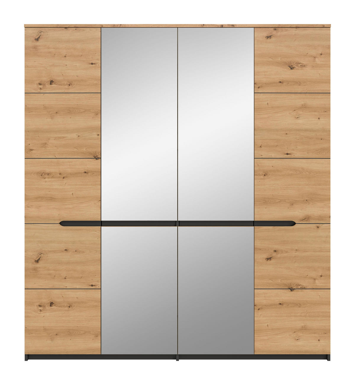 KLEIDERSCHRANK Sova 4-türig – Moderner Schrank in Eiche-Optik & Schwarz mit Stauraum und Spiegeltüren - Grau, Holzwerkstoff (180/198/59cm)