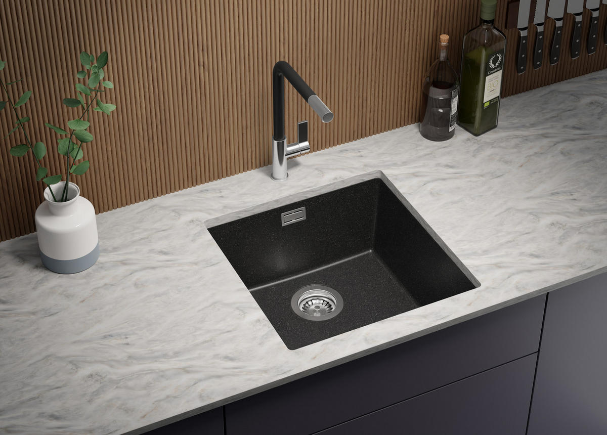 UNTERBAUSPÜLE GRANIT London, 2-er set Anthrazit 46/47 cm, 1 Becken + Ablauf-Set ab 50er Unterschrank - Chromfarben/Anthrazit, Kunststoff (46/20/47cm) - Primagran