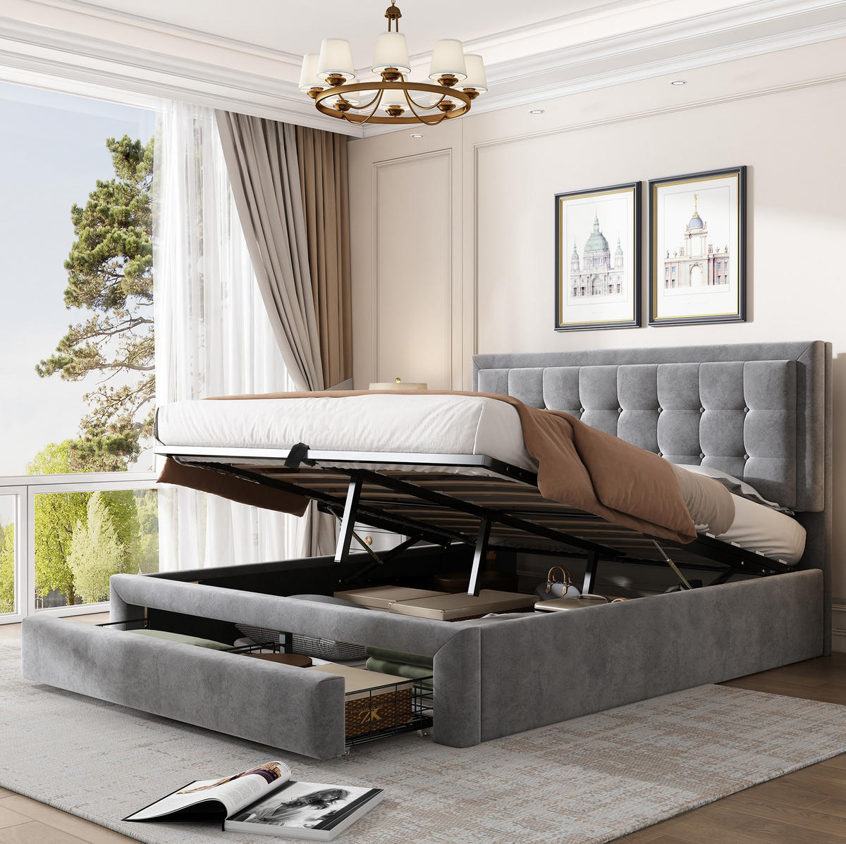 POLSTERBETT 140/200 cm Grau mit Stauraum aus Samt mit verstellbarem Kopfteil - Grau, Textil (140/200cm) - OKWISH