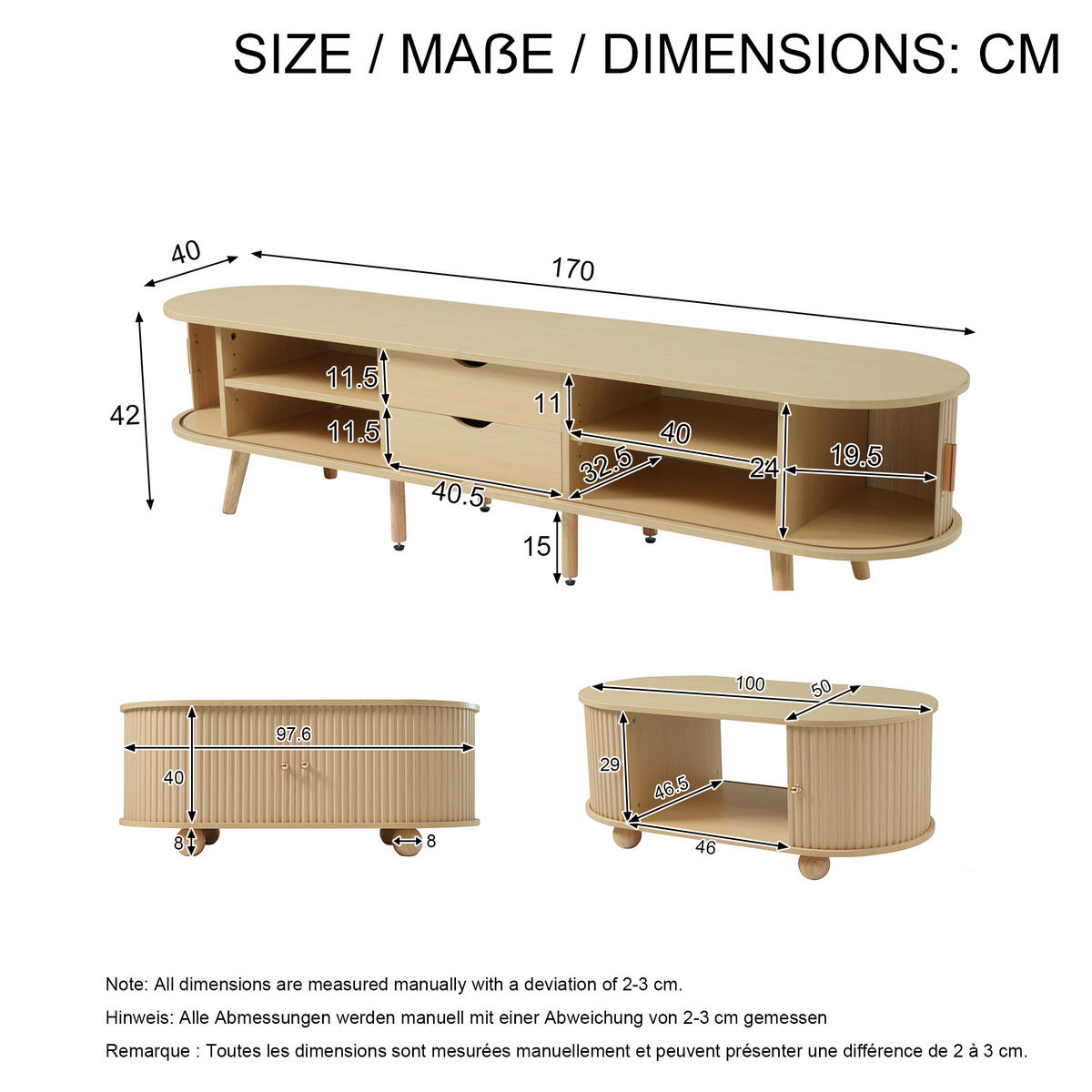 WOHNWAND mit Couchtisch und Stauraum ovales Design MDF Walnussholzoptik - Naturfarben, Holz/Holzwerkstoff (170/42/40cm) - EVRYAE