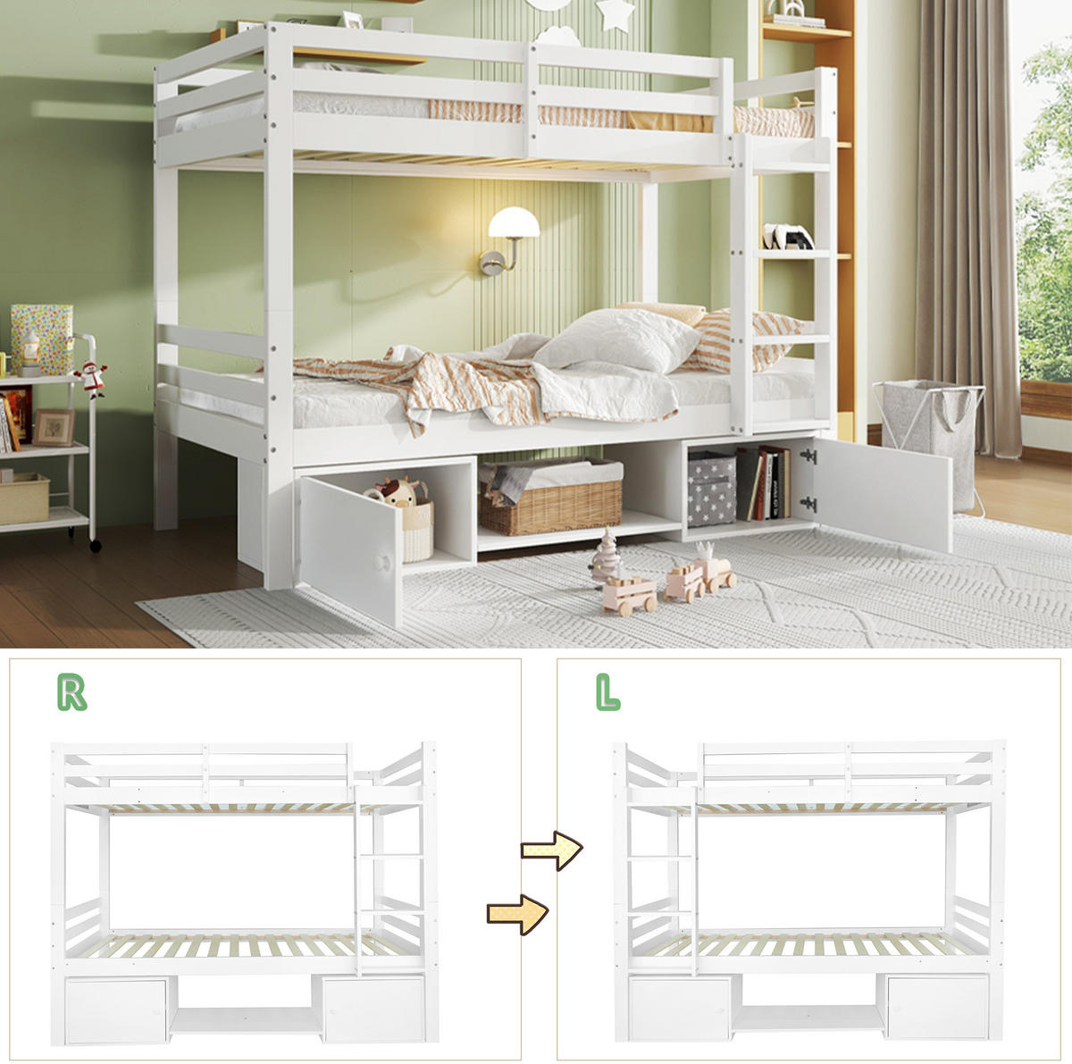 ETAGENBETT 90/200 cm in Weiß mit Stauraum und teilbar in 2 Einzelbetten - Weiß, Holzwerkstoff (90/200cm) - BEAOK
