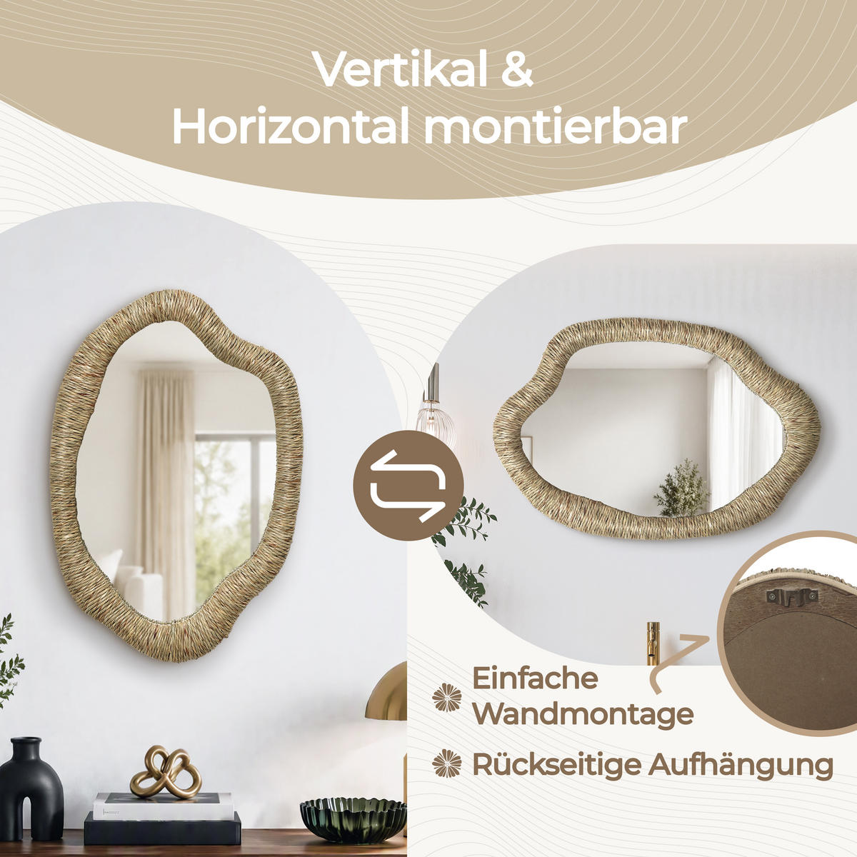 50CM Wandspiegel HTA0407 - Dunkelgelb, Naturmaterialien (3.5/75/50cm) - Hometopia
