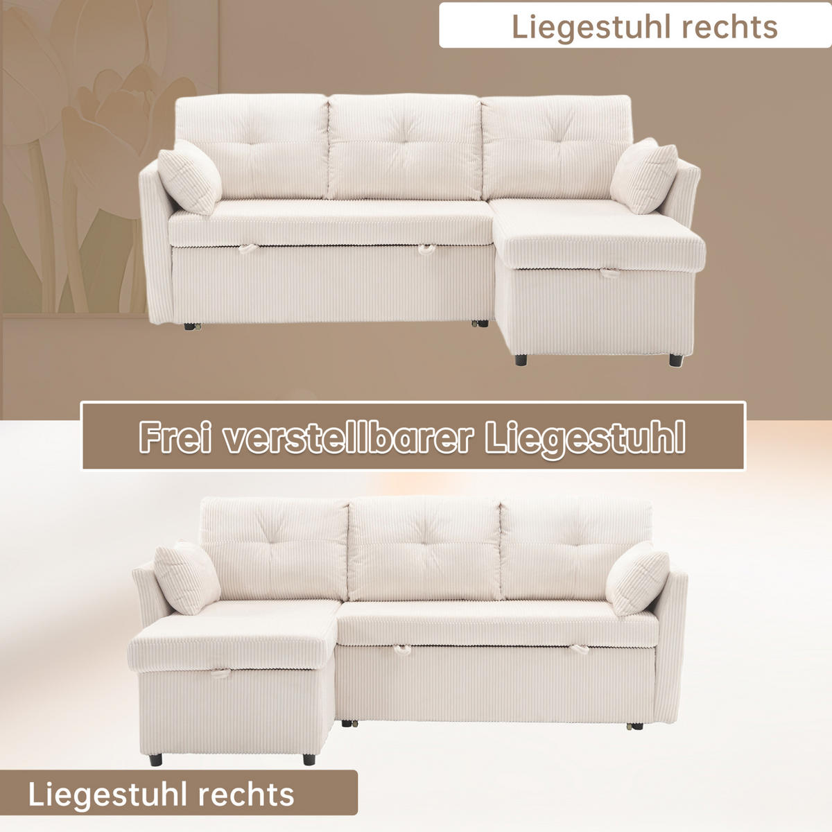 ECKSCHLAFSOFA Cord mit Stauraum und umbaubarer Ottomane Beige 206/108/66 cm - Beige, Textil (108/206cm) - Redom