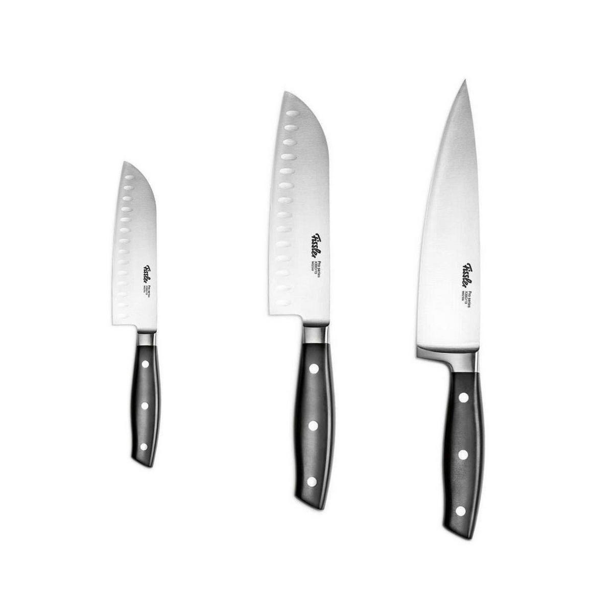 KÜCHENMESSER SET 3-tlg Schwarz, Santokumesser 130 mm, 165 mm, Kochmesser 190 mm, Edelstahl, Schneidemesser, Küchenzubehör, Profi Messer, Klingenstahl - Silberfarben/Schwarz, Kunststoff/Metall - Fissler