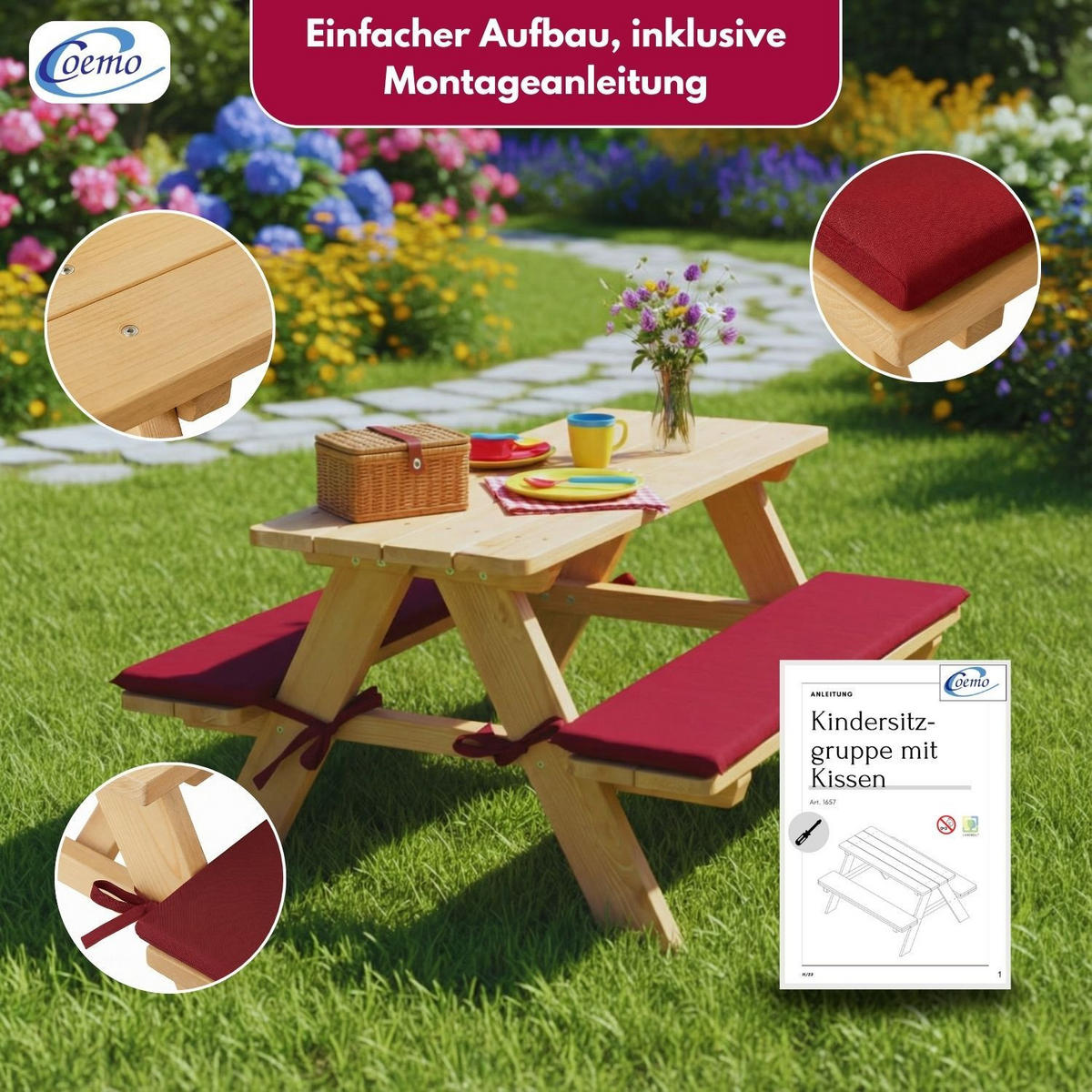 KINDERSITZGRUPPE GARTEN Holz mit Sitzauflagen Farbe Natur 89/79/50 cm - Naturfarben, Holz (79/50/89cm) - Coemo