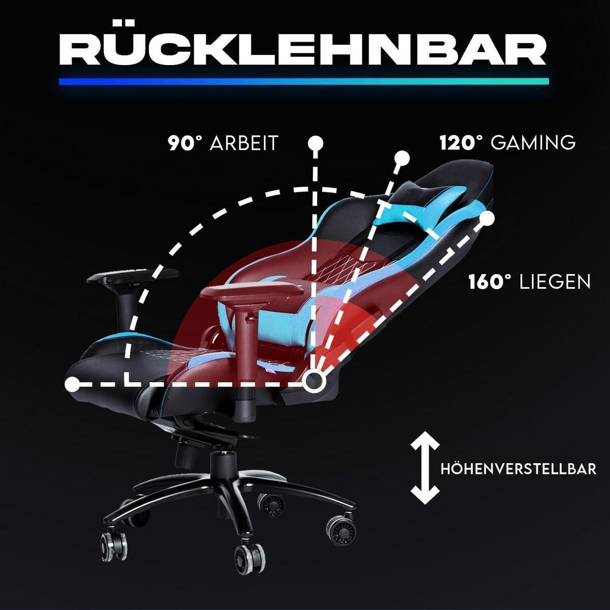 GAMING Stuhl mit 4D-Armlehnen und Kopf- & Lendenkissen Blau - Blau, Kunststoff (57/57/140cm)