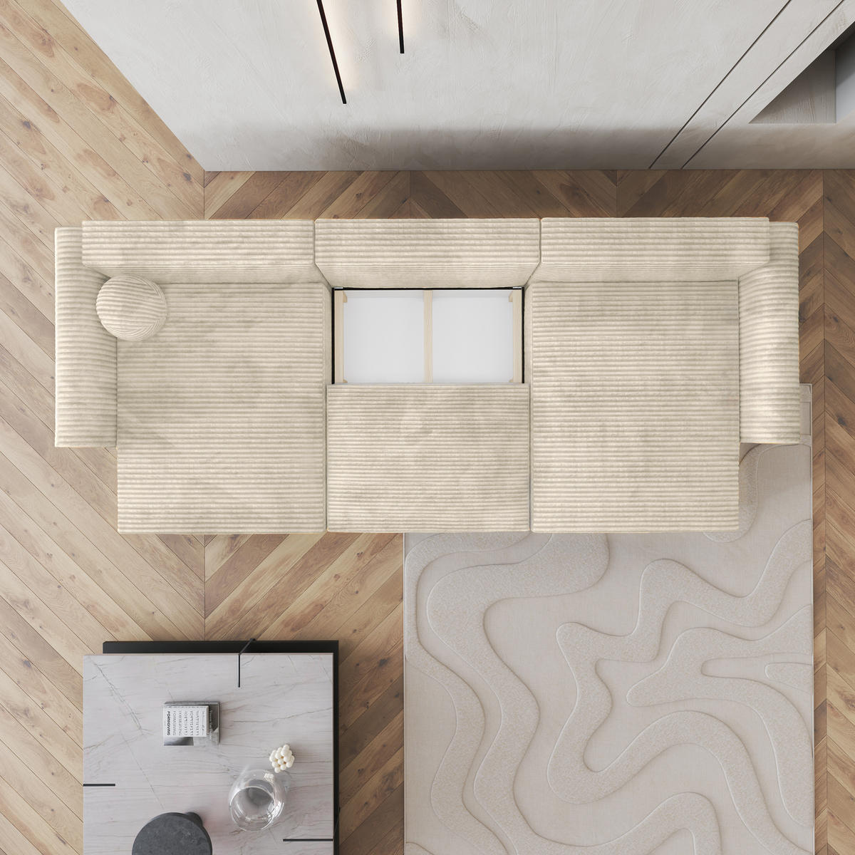 WOHNLANDSCHAFT FENTO Creme Kordstoff mit Schlaffunktion - Creme, Holz (347/90/148cm) - MASSENO