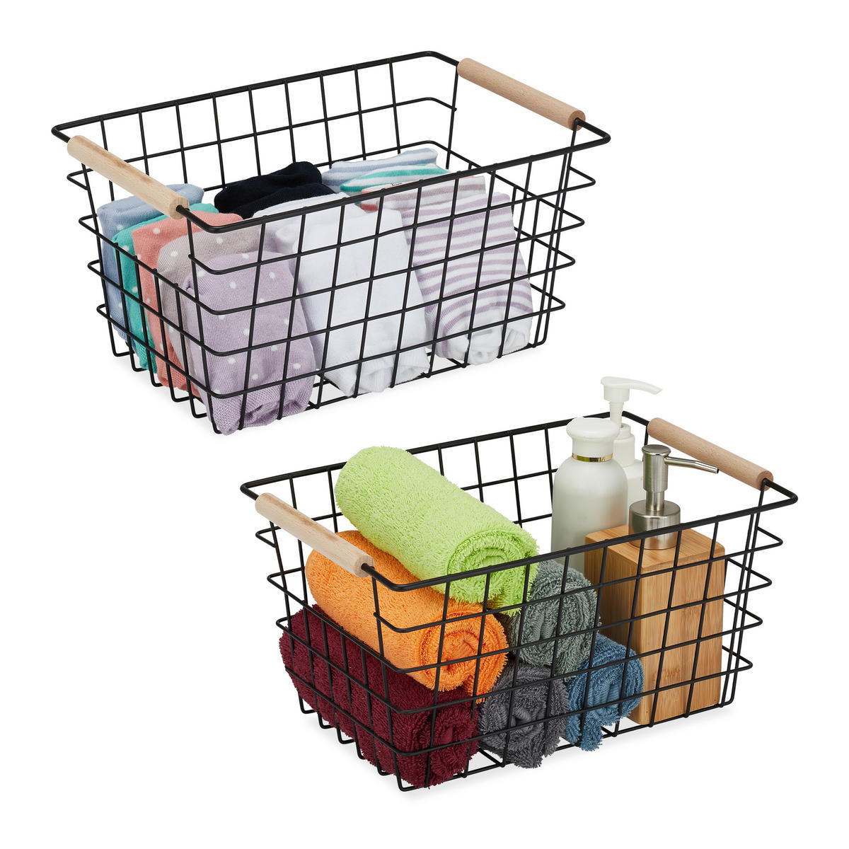 2XDRAHTKORB - Schwarz, Holz/Metall (31/16/21cm) - Relaxdays