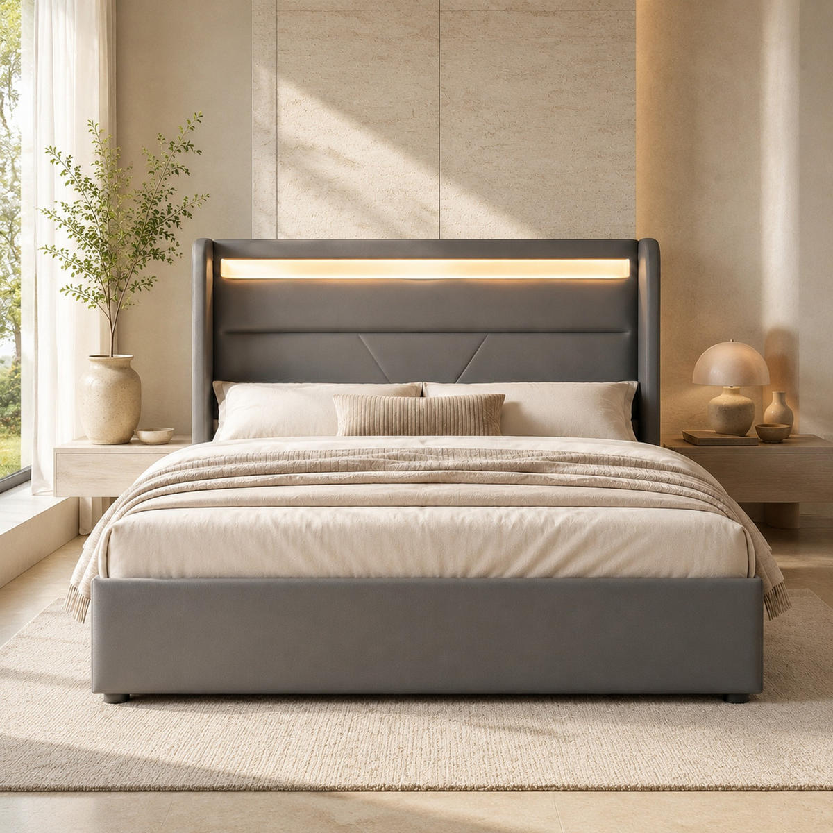 POLSTERBETT 160/200 cm in Grau mit Bettkasten und LED Kunstleder - Grau, Holzwerkstoff/Textil (160/200cm) - CHICFURN