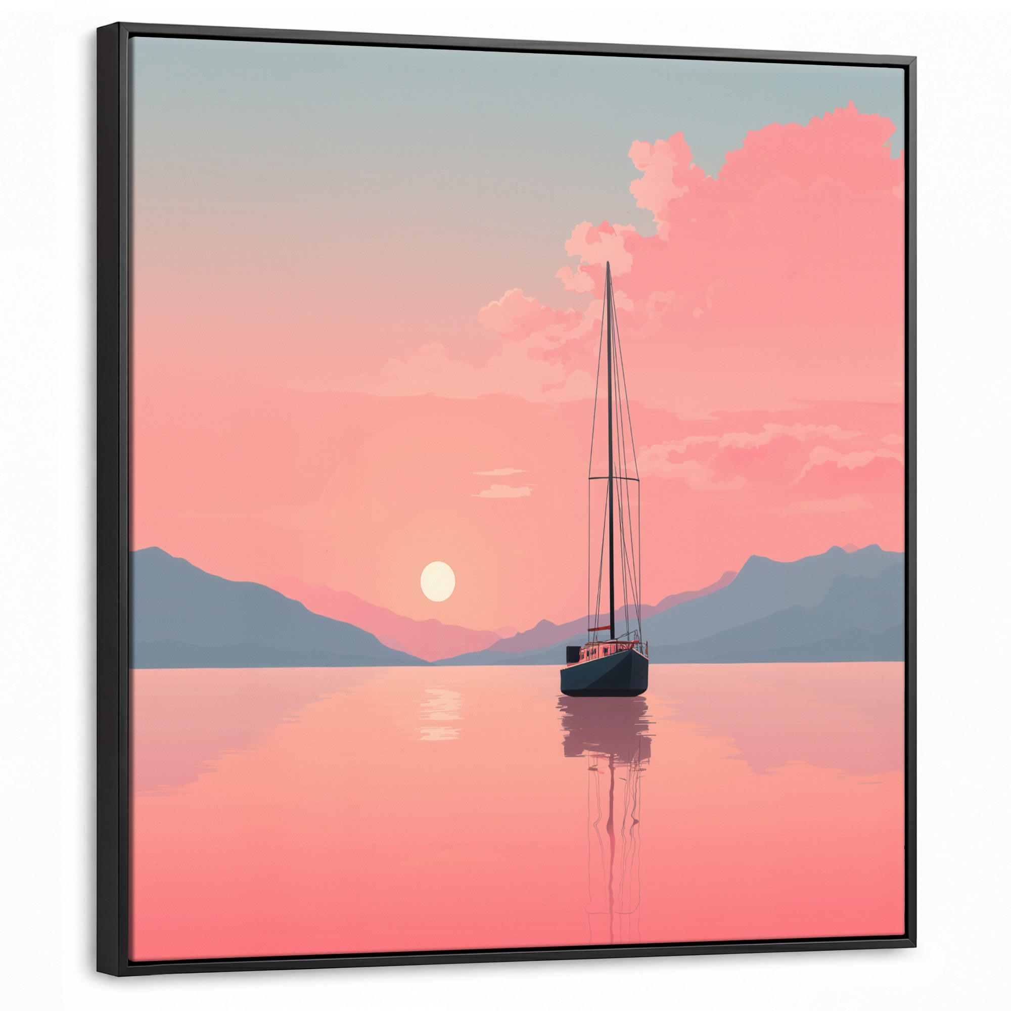 LEINWAND Bilder mit Rahmen - Segelboot - Rosa Meer - Sonnenuntergang - Berge - 90x90 - Rosa, Textil (90/90cm) - MuchoWow