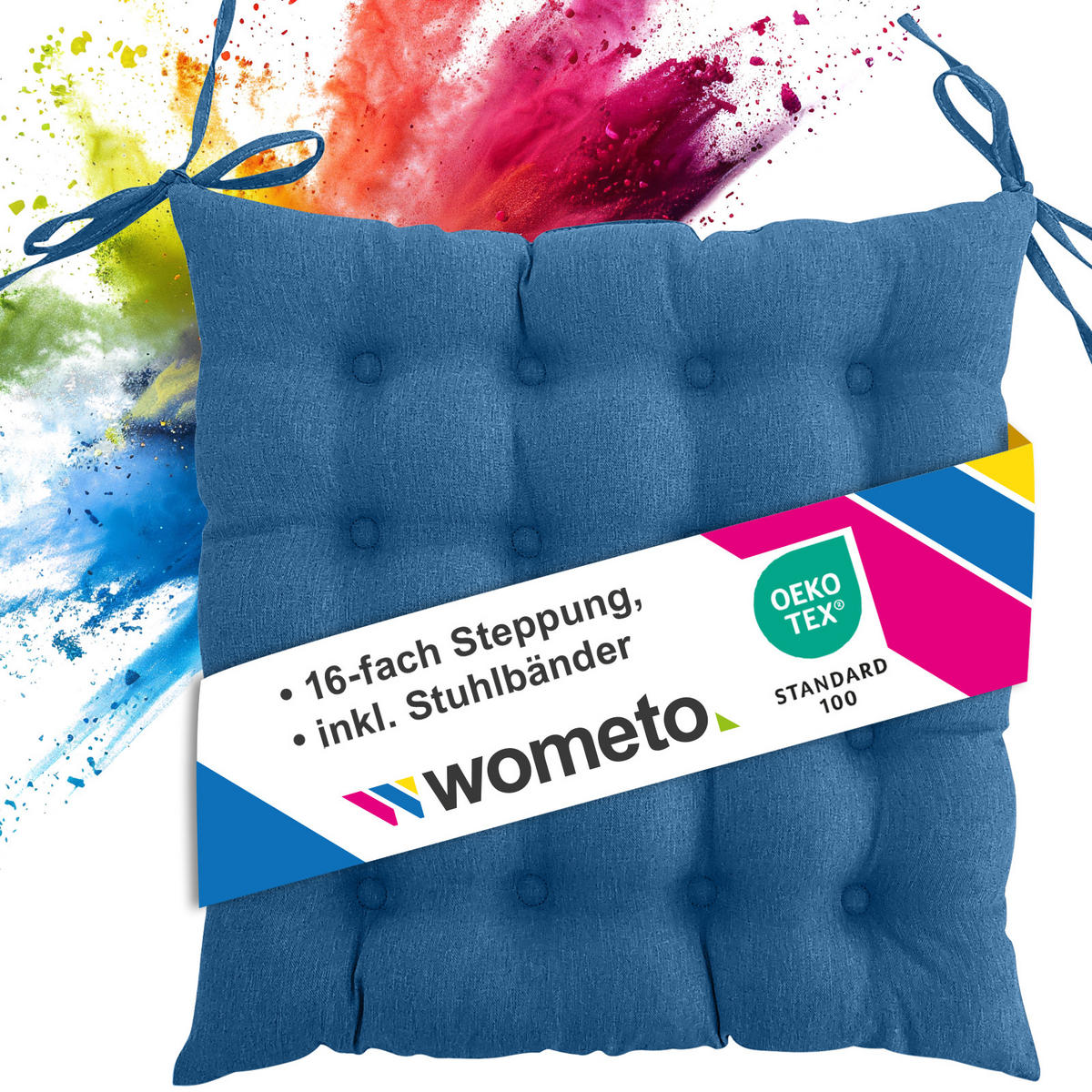 SITZKISSEN 16-Punkt türkis 40/40 cm mit Steppung und Halte-Bändern - Türkis, Textil (40/40/4cm) - wometo