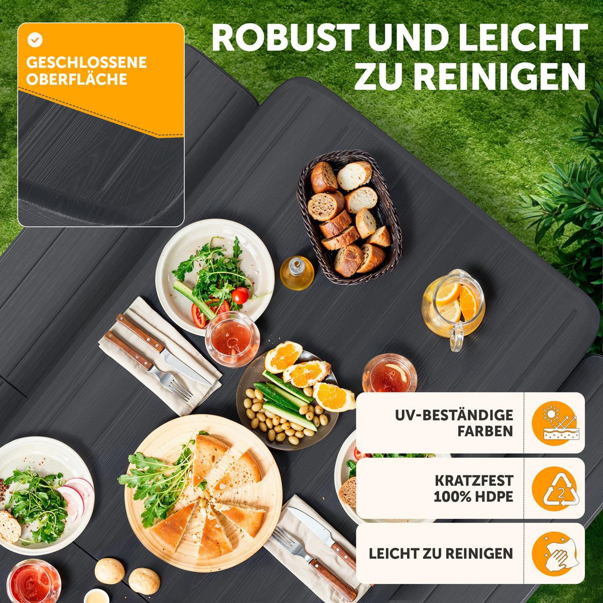 BIERZELTGARNITUR 3-teilig, 2x Bank & 1x Tisch in Schwarz mit Rattanmuster - Anthrazit, Kunststoff - Blumtal