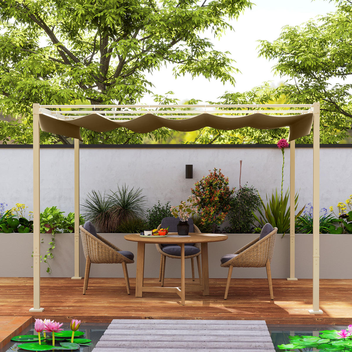 PERGOLA mit einziehbarem Dach Khaki 298/297/221 cm - Beige, Textil/Metall (297/221/298cm) - Outsunny