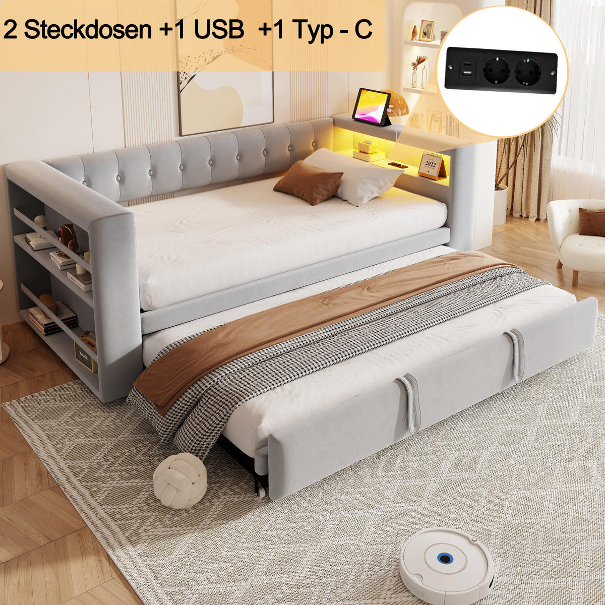 SCHLAFSOFA 90/180 × 190 cm in Hellgrau Stoff mit LED, Steckdose und Stauraum - Hellgrau, Holzwerkstoff/Textil (90/190cm) - WISHDOR