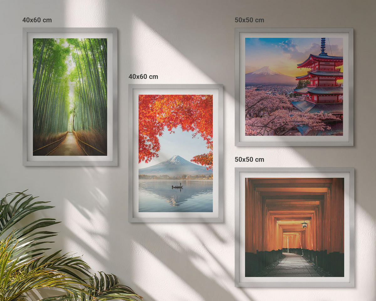 WANDBILDER 4er Set - 50x50 cm & 40x60 cm Silberner Rahmen - Fuji-Torii-Bambuswald, Japan - Silberfarben, Kunststoff (50/50cm) - ArtPrintCave