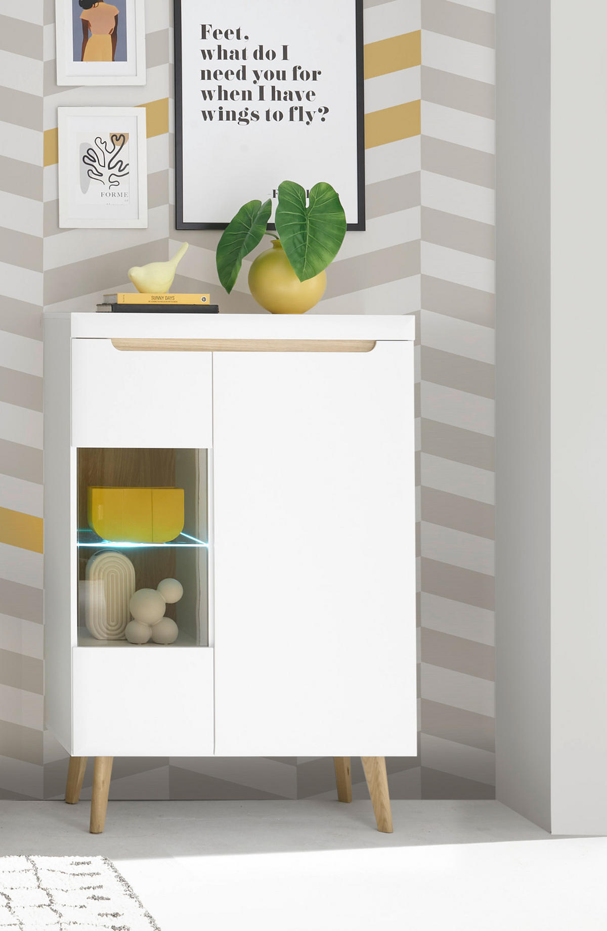 HIGHBOARD weiß, Eiche, skandinavisch 90 x 134 cm, Vitrine mit Soft-Close-Funktion - Eichefarben/Weiß, Glas/Holz (90/134/40cm) - Furn.Design