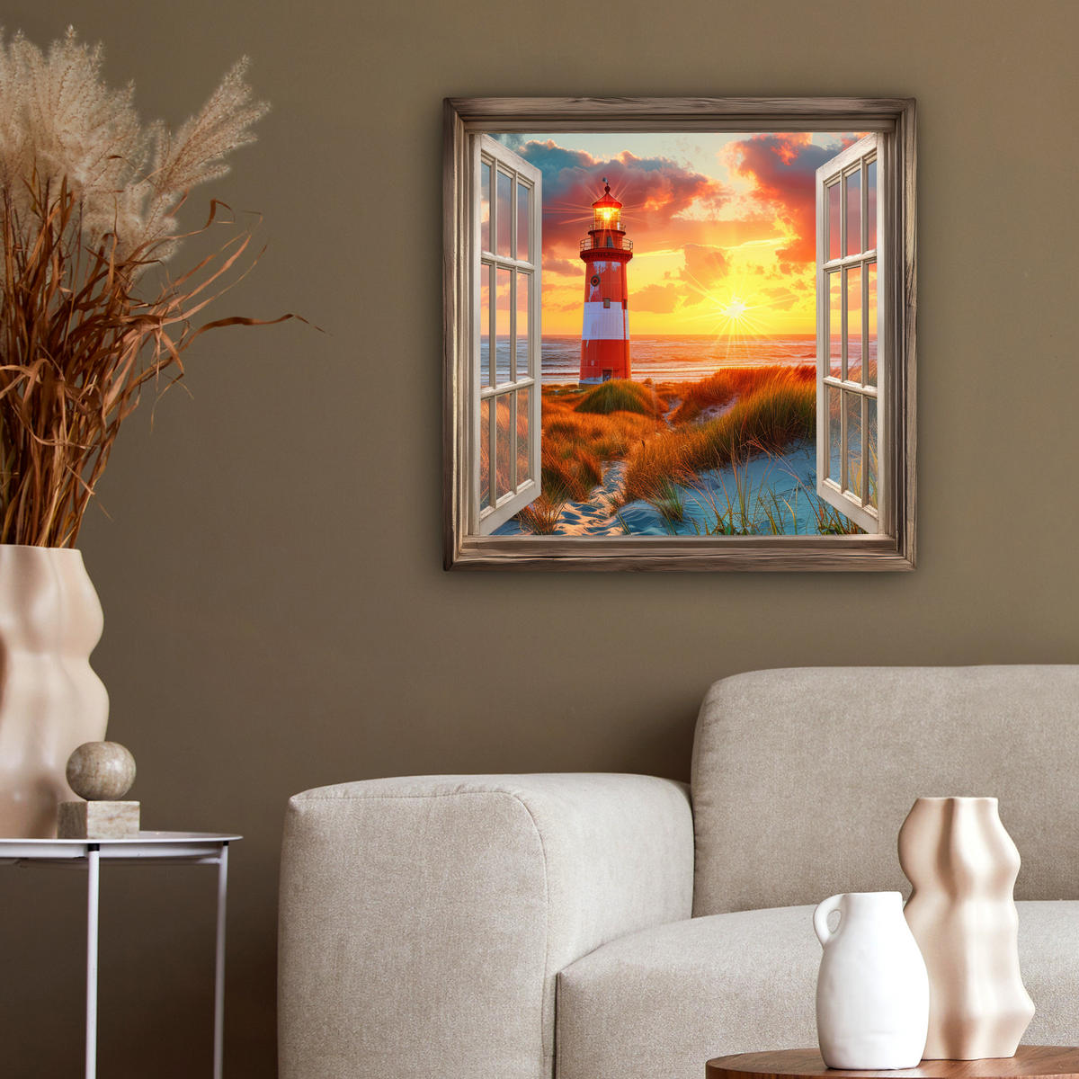 LEINWANDBILD Aussicht - Fenster - Leuchtturm - Sonnenuntergang - Strand 50x50 cm - Dunkelorange, Textil (50/50cm) - MuchoWow