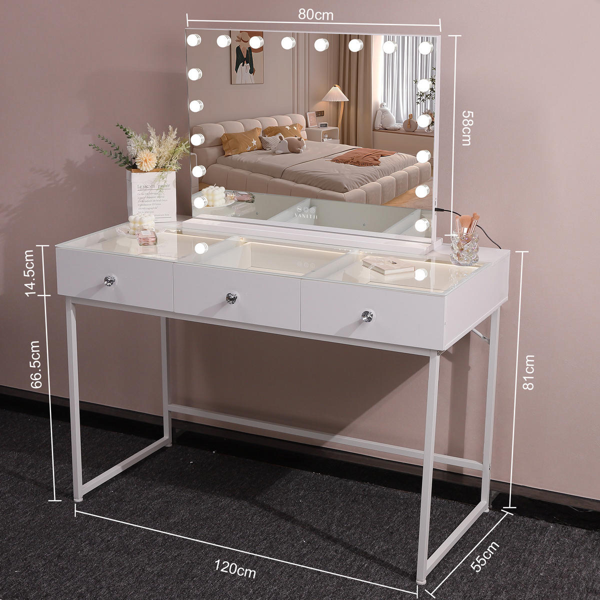 SCHMINKTISCH mit Beleuchtung Spiegel Weiβ 115/55/141 CM - Weiß, Holz (55/81/115cm) - VANITII