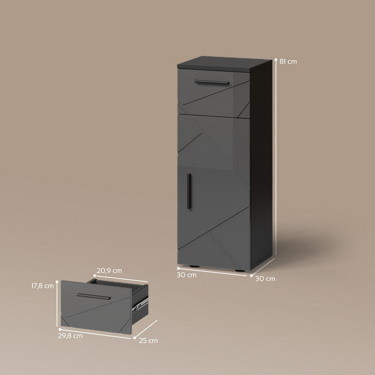 MIDISCHRANK Ronco Anthrazit Hochglanz 30 x 81 cm - Anthrazit/Grau, Holzwerkstoff (30/81/30cm) - Livinity®