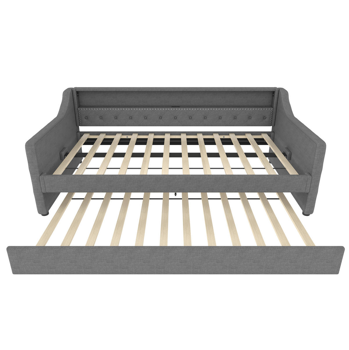 DAYBETT 90/200 cm Grau mit Ausziehbett und LED-Beleuchtung aus Leinen - Grau, Textil (90/200cm) - OKWISH