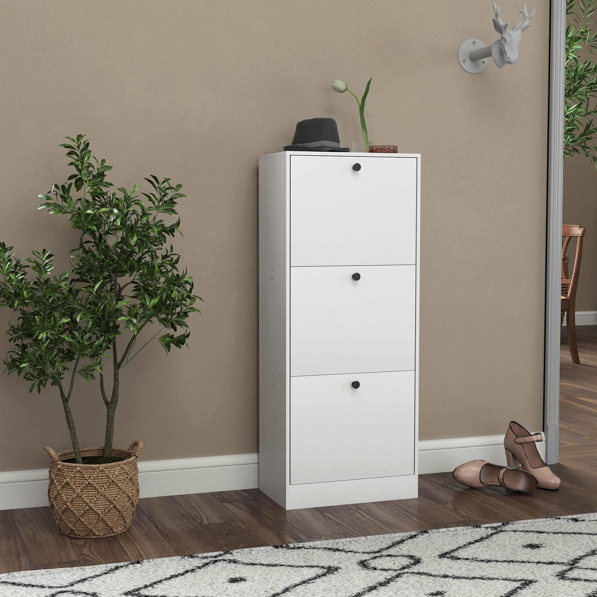 SCHUHSCHRANK mit 3 Klappen, 47 x 28 x 115 cm, Weiß - Weiß, Holzwerkstoff (47/115/28cm) - HOMCOM