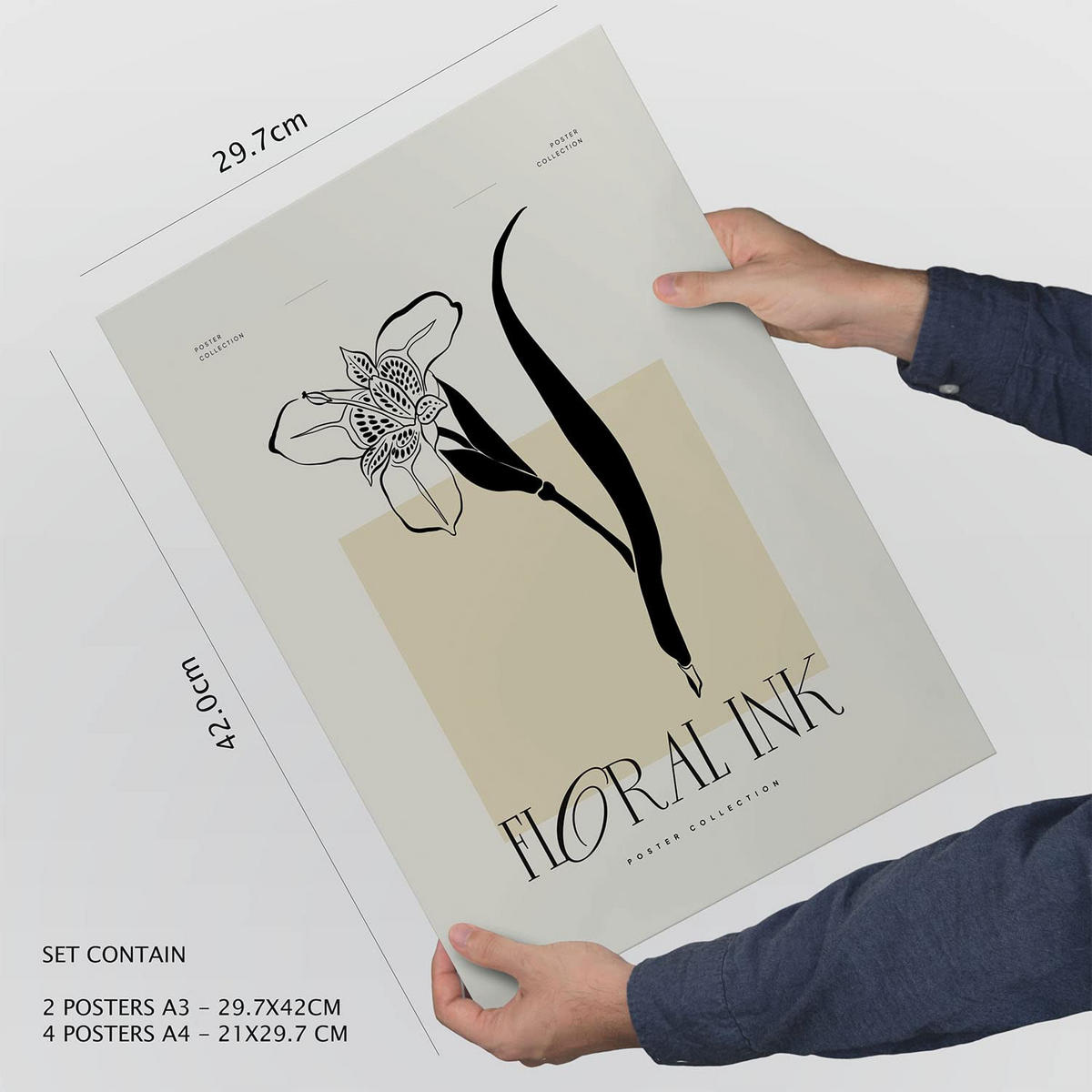 POSTER Set Mit 6 In Schwarzer Tinte Tropische Orchideen A3 & A4 Weißer Rahmen - Weiß, Papier (29/3cm) - Nacnic