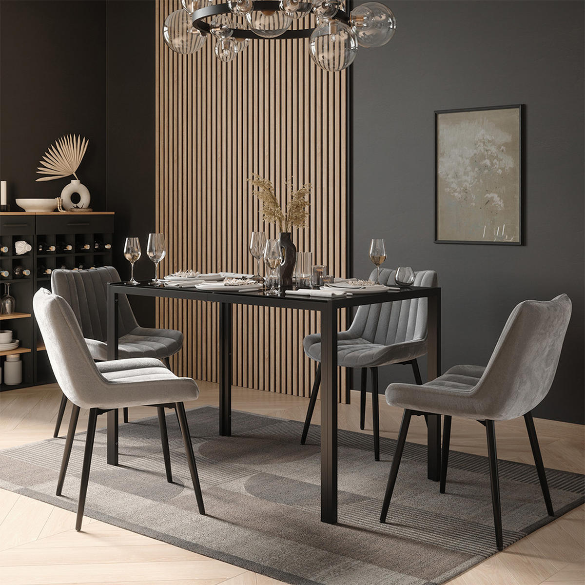 JÍDELNÍ STŮL SESTAVA Grand, Černá, 120 x 70 cm se 4 židlemi (šedé) - černá, sklo (120/74.5/70cm) - Vicco