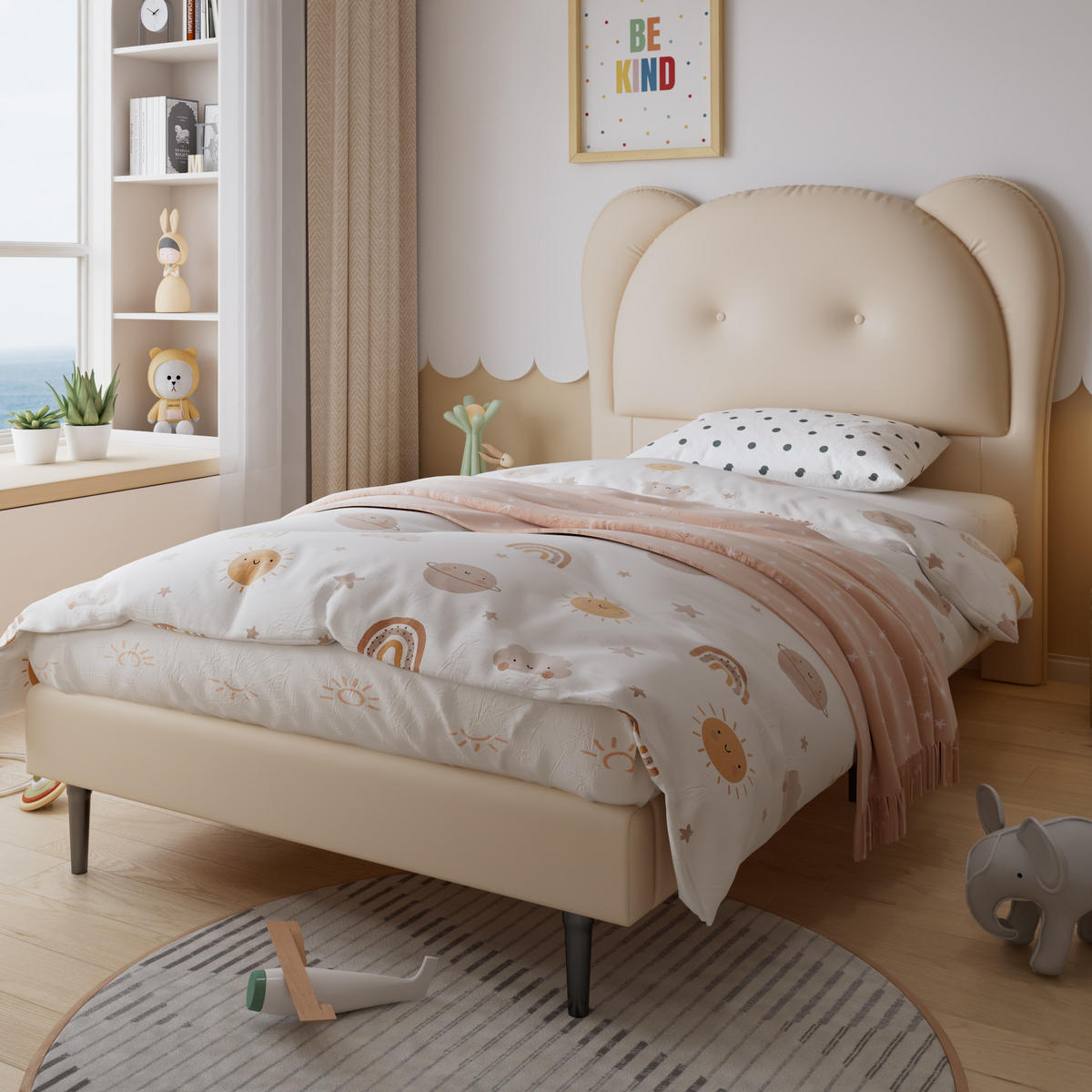 POLSTERBETT 90/200 cm Beige mit niedlichem Kopfteil in Tierform aus PU - Beige, Kunststoff (90/200cm) - OKWISH