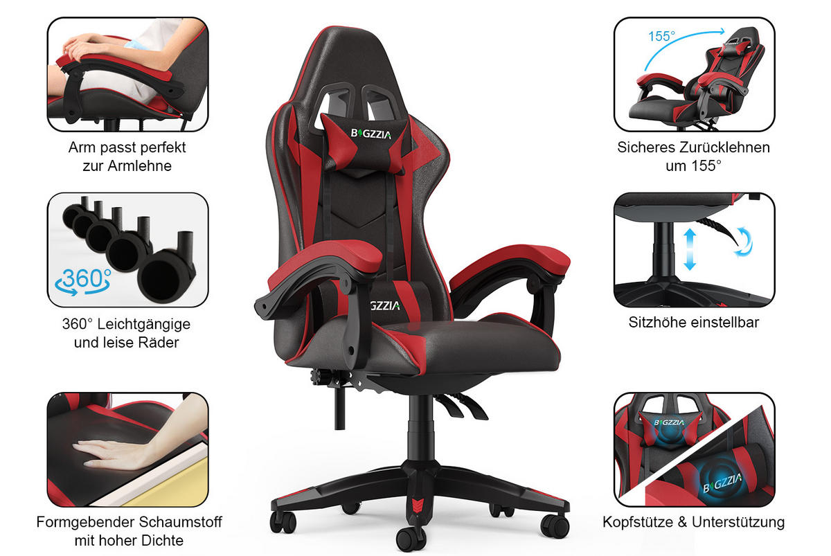 GAMING-STUHL ergonomisch, verstellbare Rückenlehne, Kissen – Schwarz/Rot - Rot, Leder (59/120/56cm) - Rattantree