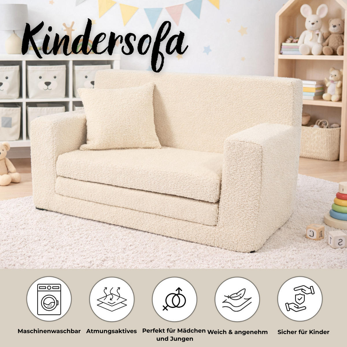 KINDERSOFA David – Stilvoller Komfort für das Kinderzimmer - In den Trendfarben - Beige, Textil (83/47/43cm) - Fortisline