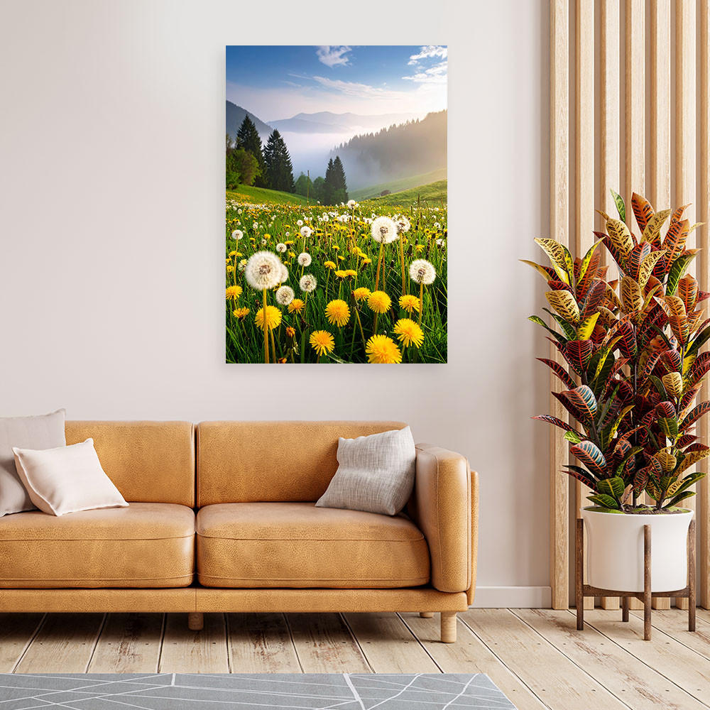 LEINWANDBILD Wiese Löwenzahn Berglandschaft 70x100cm - Grün, Textil (70/100cm) - Feeby