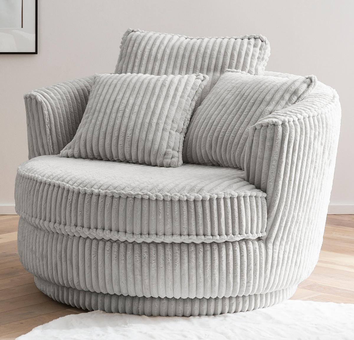 BIG-SESSEL Relaxsessel Mega Cord hell grau Ø 120 cm 360° drehbar, inklusive 3x Kissen - Hellgrau/Grau, Holz/Textil (120/86/120cm) - Furn.Design