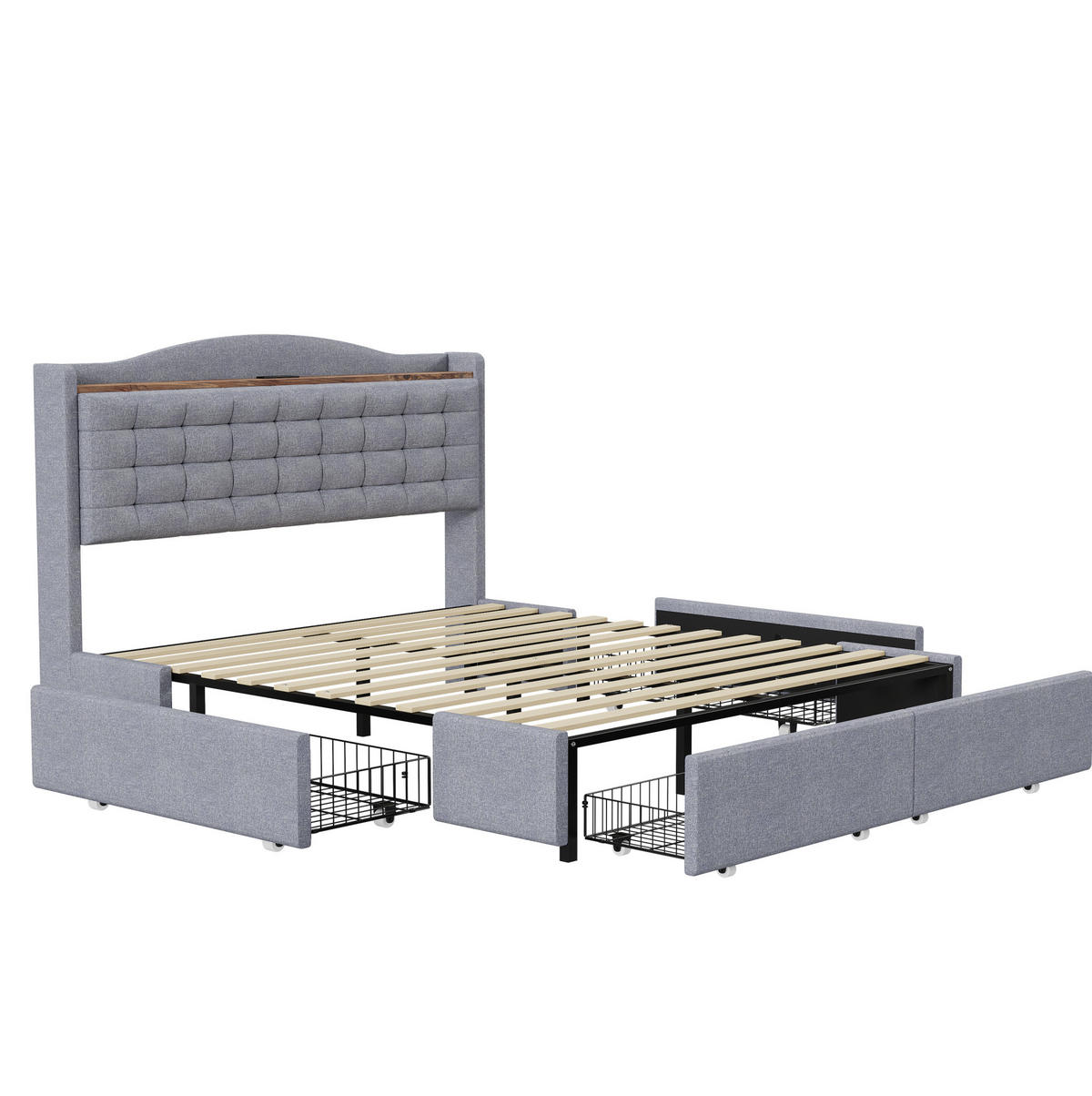 POLSTERBETT 160/200 cm mit USB-Anschluss, Ablage und 4 Schubladen, Leinenstoff, Grau - Grau, Textil (160/200cm) - Redom