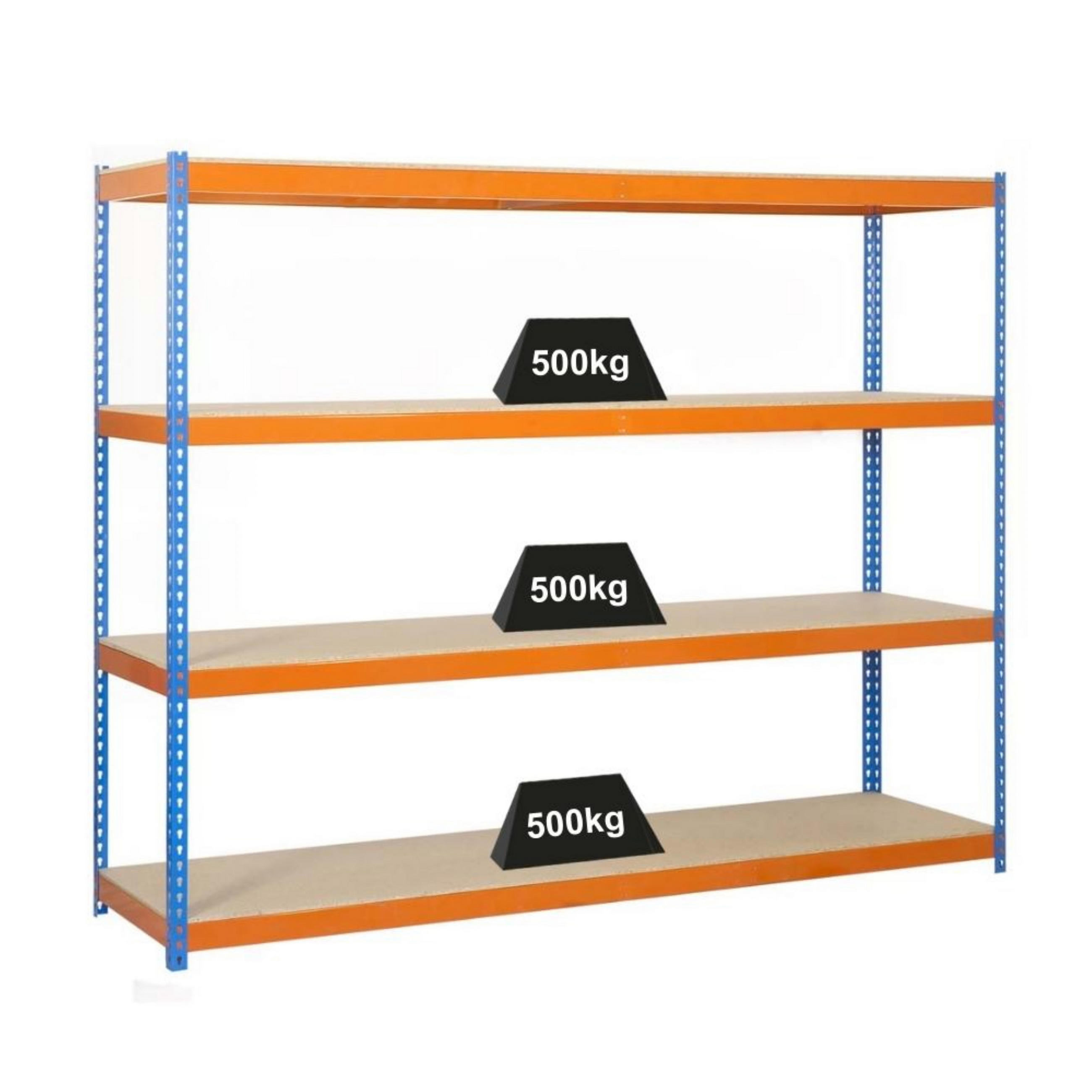 SCHWERLASTREGAL Wood Beast Four HxBxT 200 x 210 x 75 cm 4 Ebenen Fachlast 500 kg Blau-Orange - Gelb, Metall (210/200/75cm) - PROREGAL