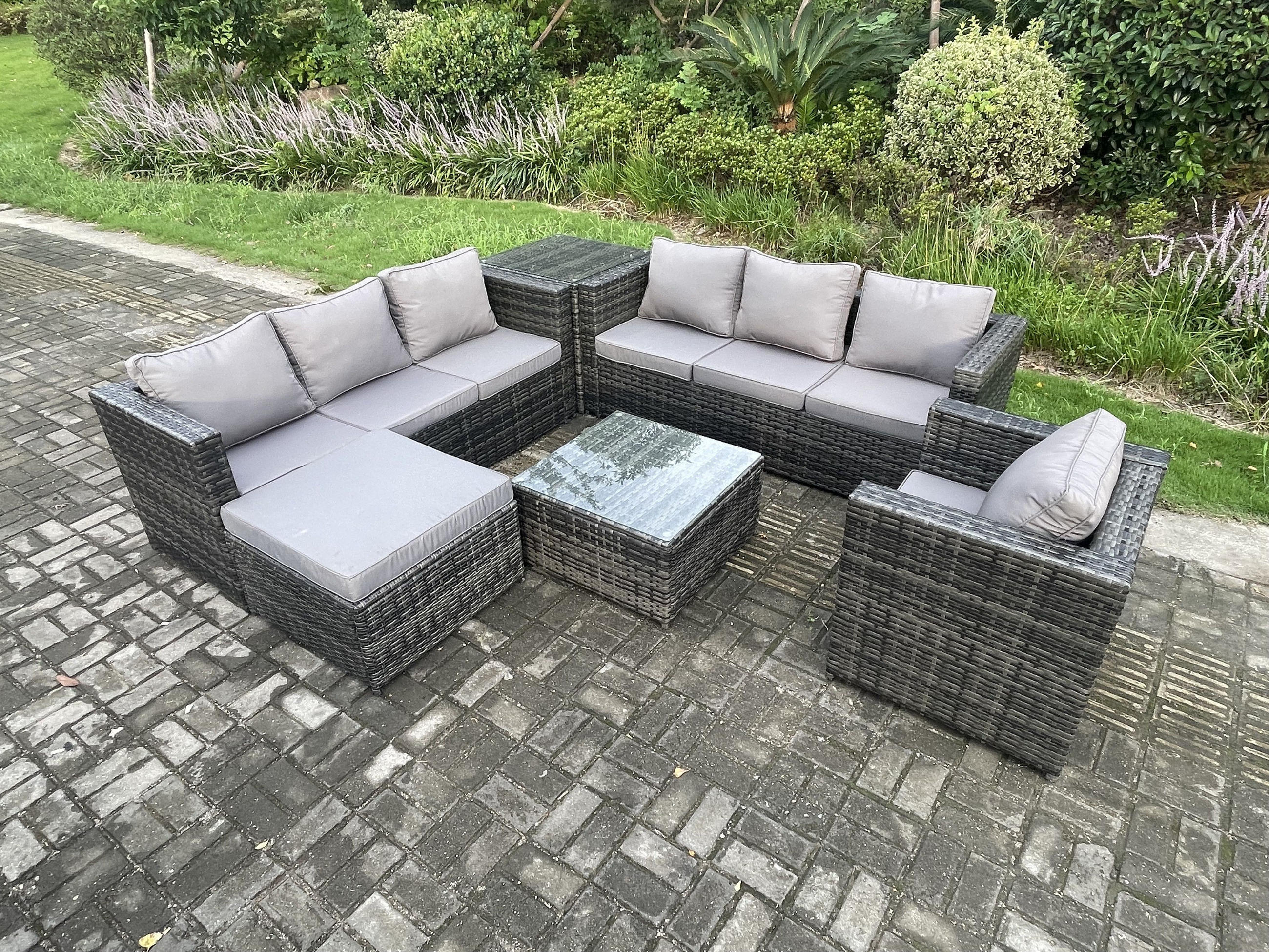 GARTENTISCHGRUPPE Polyrattan 8-Sitzer - Dunkelgrau, Metall - Fimous