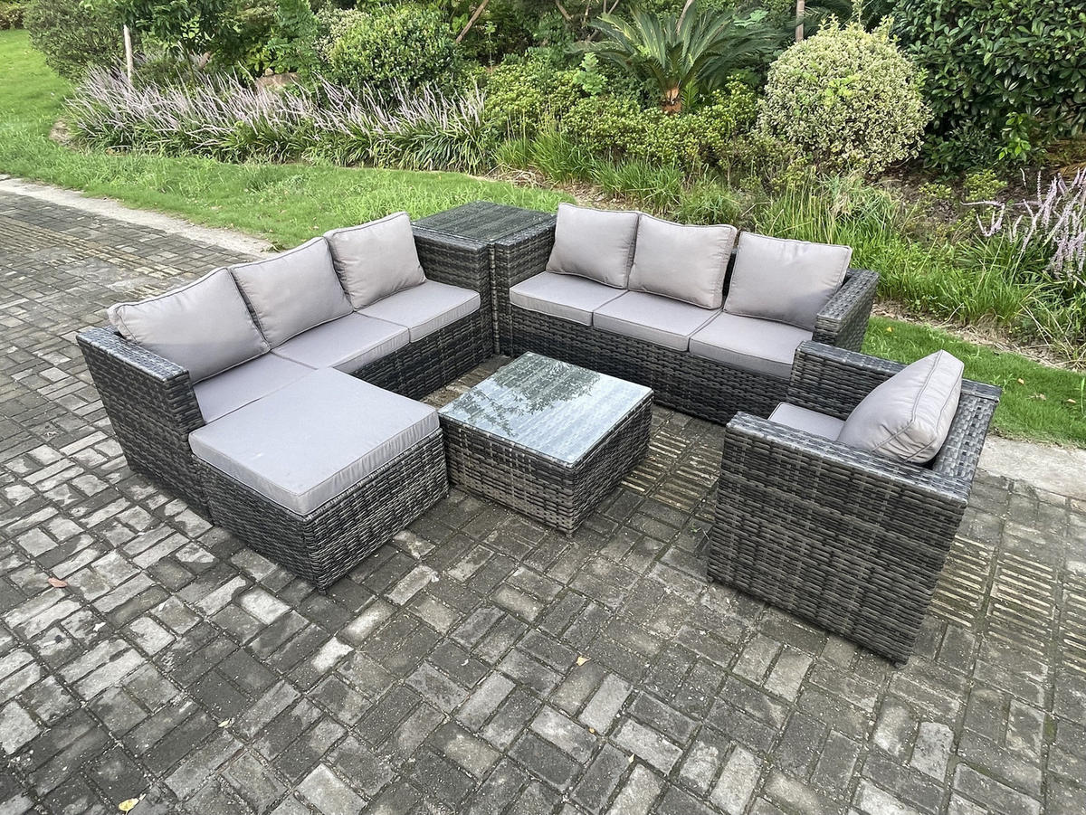 GARTENTISCHGRUPPE Polyrattan 8-Sitzer - Dunkelgrau, Metall - Fimous
