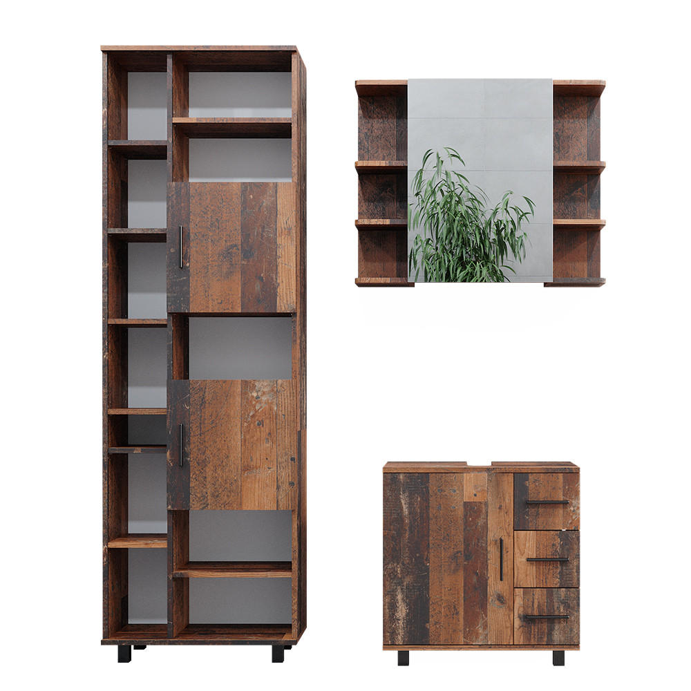 BADMÖBEL-SET Ilias Eiche rustikal 3 Teile, mit Unterschrank 60 cm - Wildeiche, Holzwerkstoff (60/60.8/33cm) - Vicco