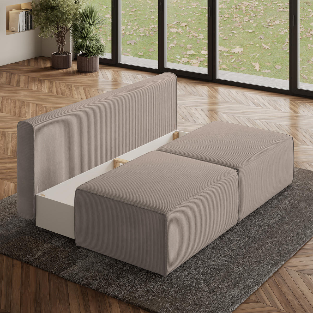 ECKSOFA VARNA P Beige Kordstoff mit Schlaffunktion - Beige, Holz (196/158cm) - MASSENO