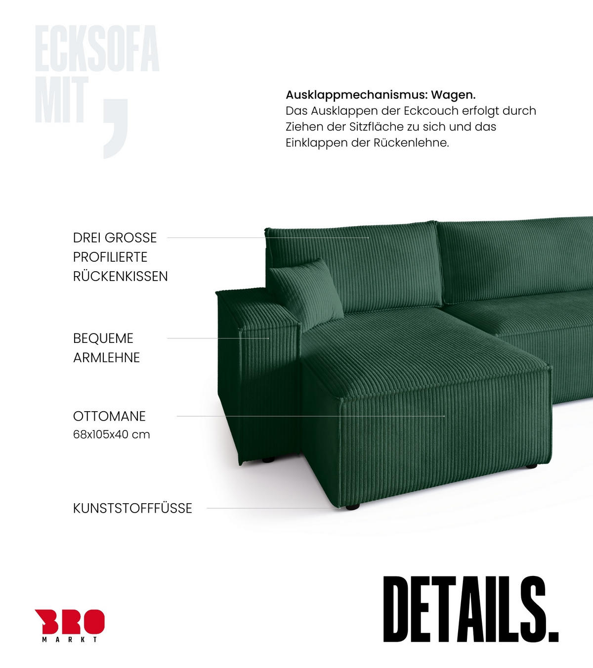 WOHNLANDSCHAFT ADI U mit Schlaffunktion Cordstoff Dunkelgrün - Dunkelgrün, Textil (312/85/143cm) - Bromarkt