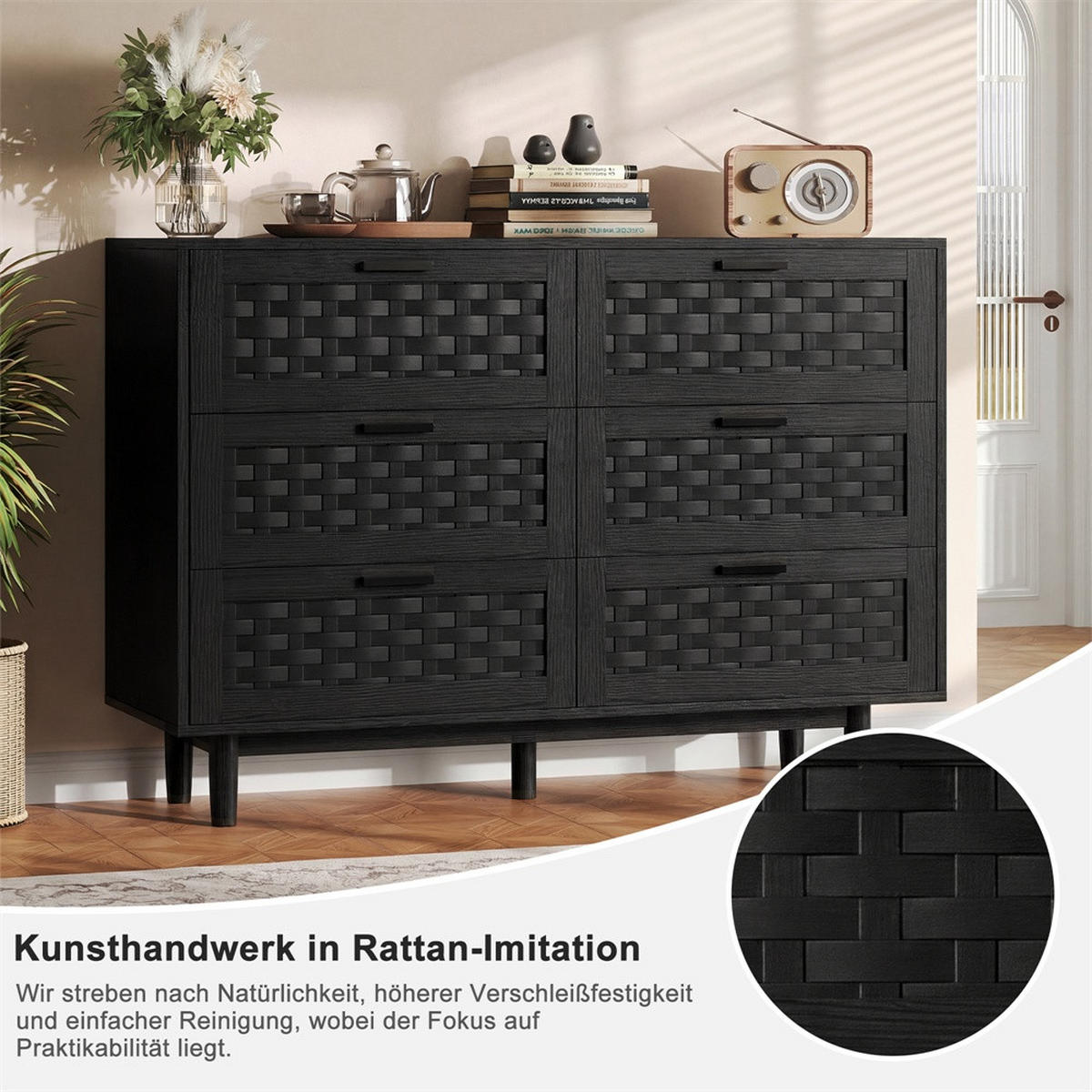 KOMMODE mit 6 Schubladen - elegante Geflecht-Optik und runde Holzbeine - Schwarz - Schwarz, Holzwerkstoff (115/80/40cm) - DELFA