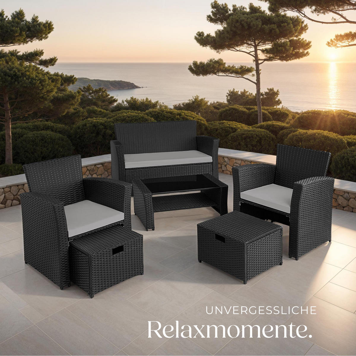 RATTAN SITZGRUPPE Modena,inklusive Staufach und Schutzhülle,schwarz/grau - Schwarz/Grau, Kunststoff - tectake